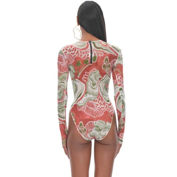 NWT Andrea Iyamah Womens Multi Mushroom Print Elle Mesh Leotard Bodysuit Size XL - Picture 2 of 6